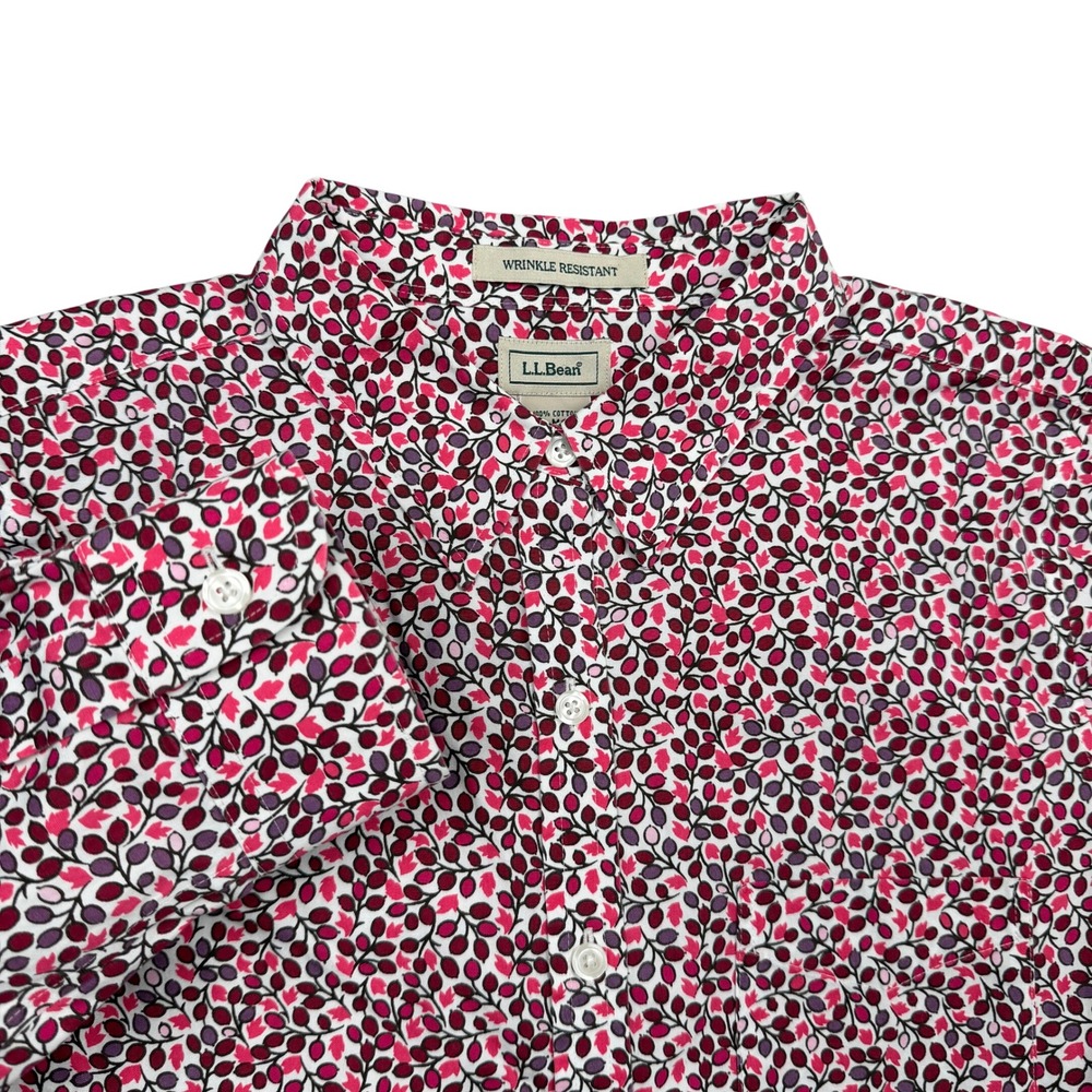 L.L.Bean Button Up Shirt Women M Pink Floral Long Sleeve Wrinkle Resistant EUC